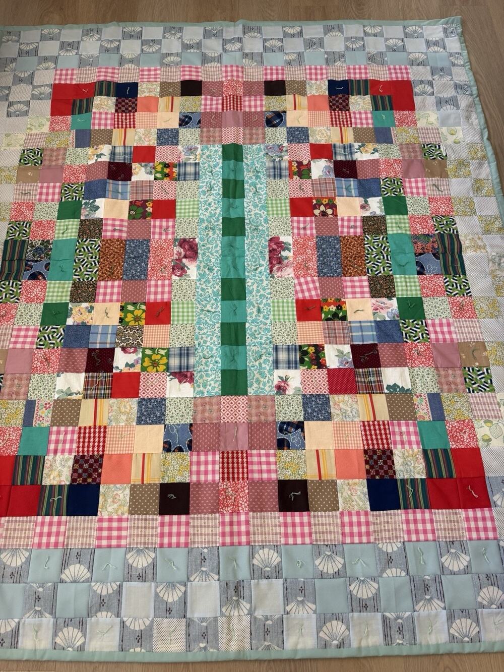 Handmade Vintage Handtied Patchwork Multicolor Quilt Blanket 72”x 57”
